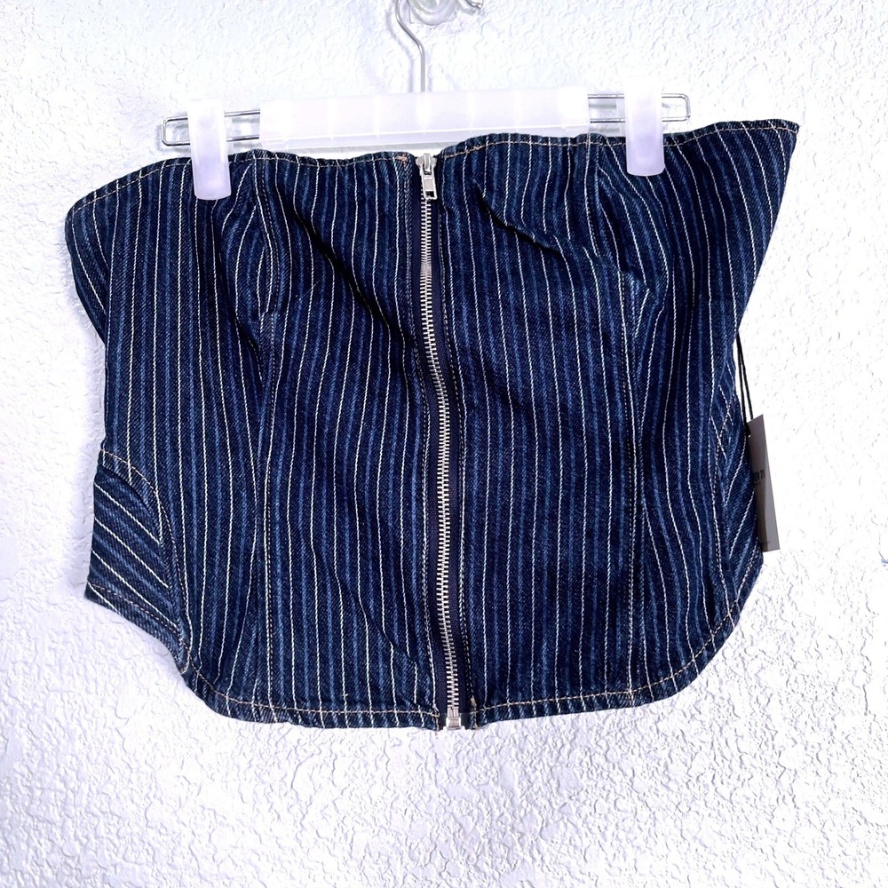 Forever 21 Tube Top Women M Dark Blue Pinstripe Denim Corset Zip Front Edgy